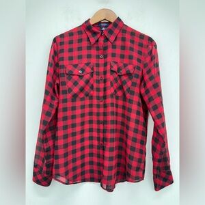 Chaps size Medium Women’s Red Black Plaid Semi Sheer Long Sleeve Button Up Shirt